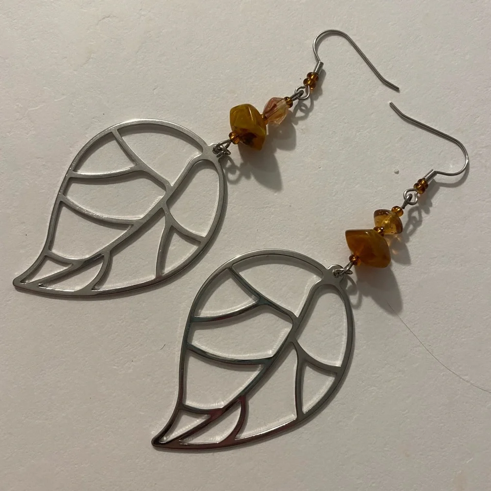 Amber and Glass Leaf Earrings - Picture 3 of 7